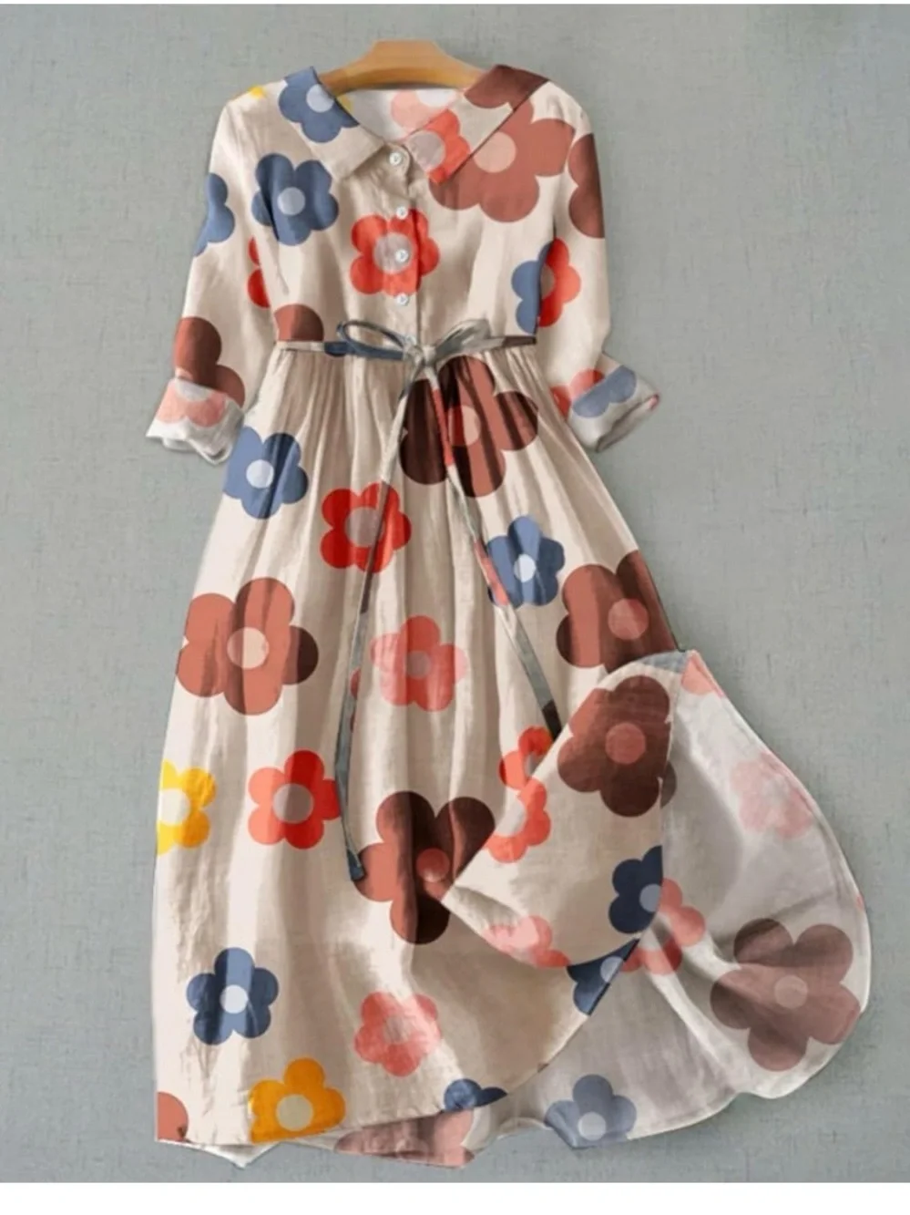 Women’s Floral Tie-Waist Long Sleeve Dress - Cream with Multi-Color Flowers - Picture 3 of 4